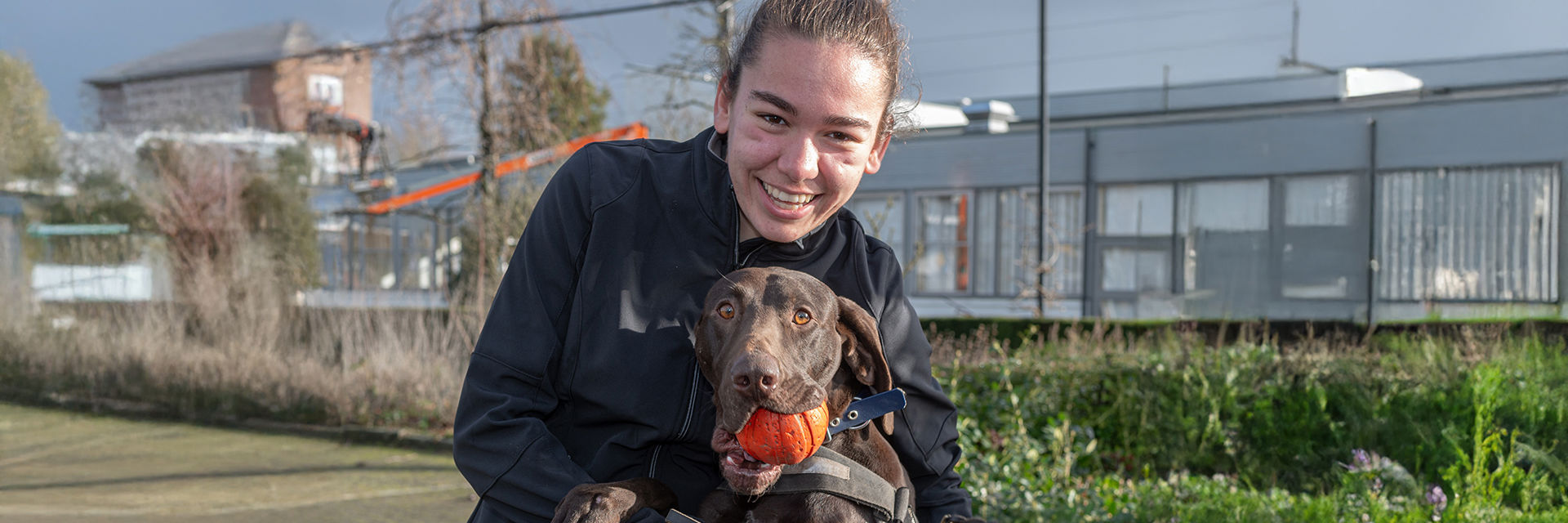 Een student met een bruine hond