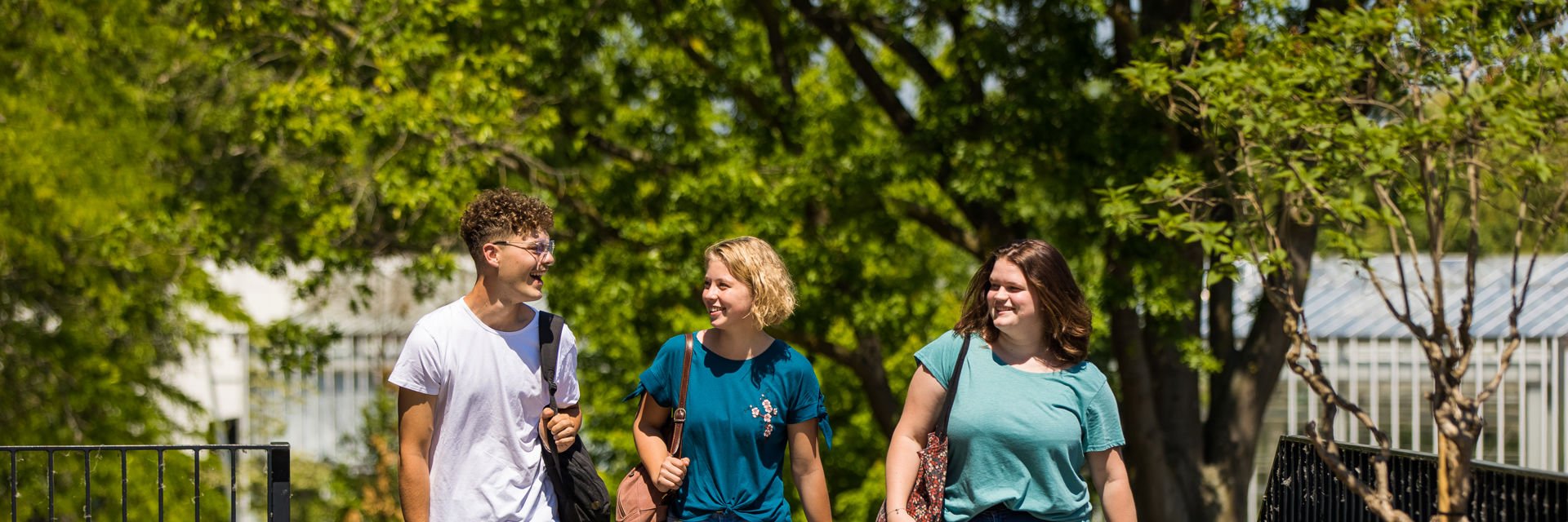 Drie studenten lopen buiten samen