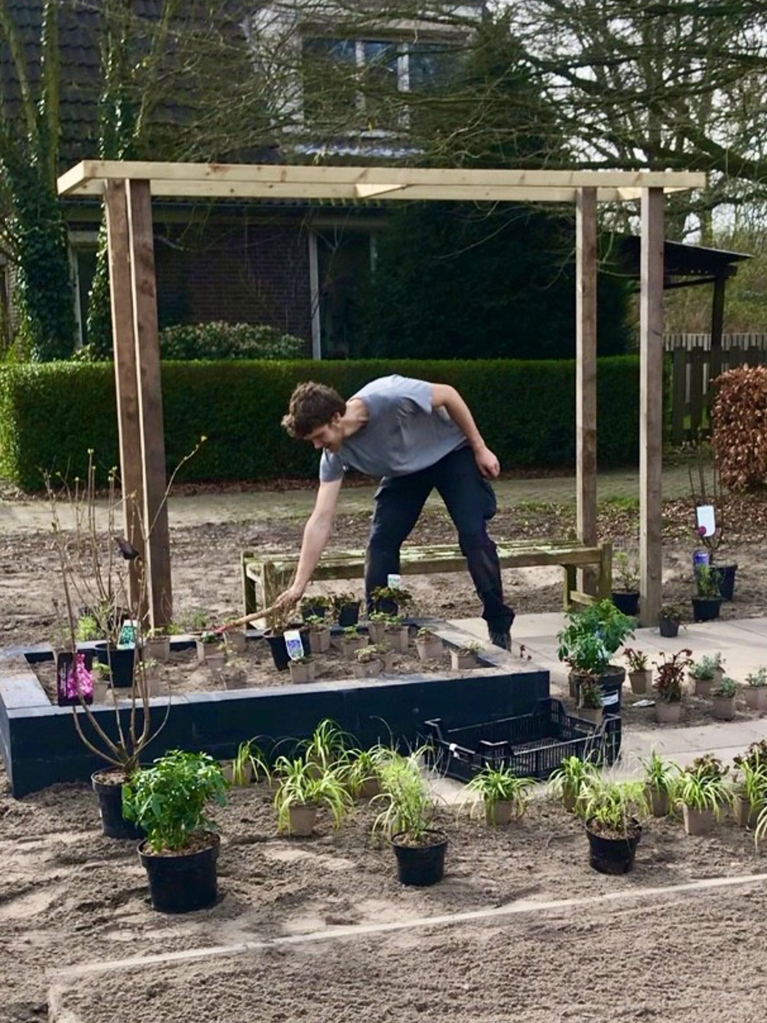 Een hovenier werkt aan een verticale tuin